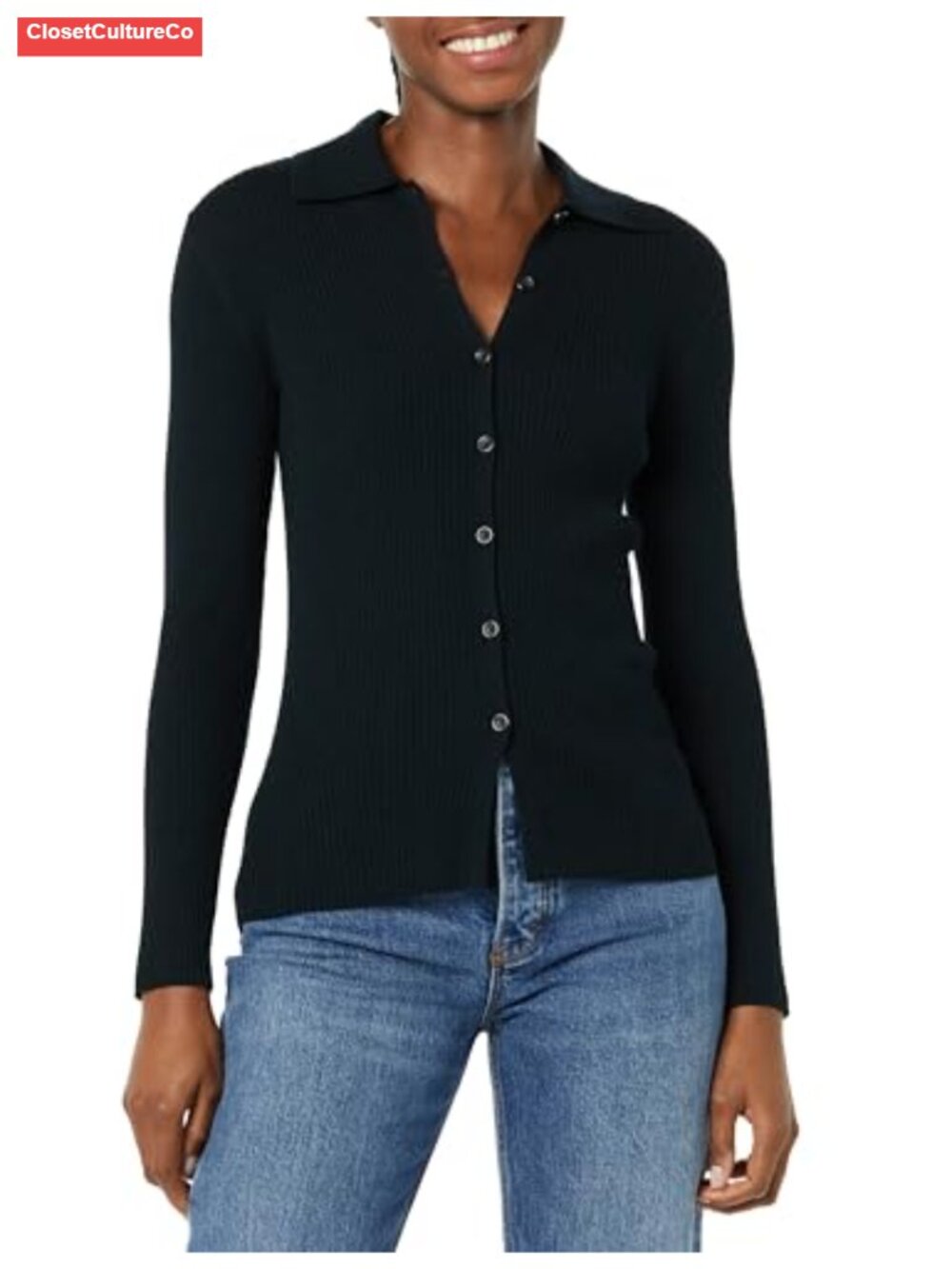 Fine Gauge Ribbed Knit Button Front Long Sleeve Polo Cardigan Sweater - Picture 1 of 6